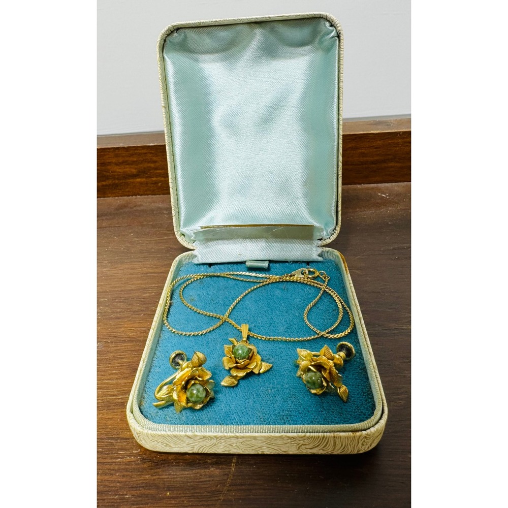 Vintage Sorrento 12K Gold Filled Jade Rose Necklace and Earrings Set with Box